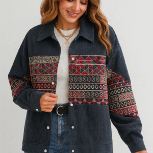 Ethnic Panel Handloom Denim Jacket – Geometric Weave