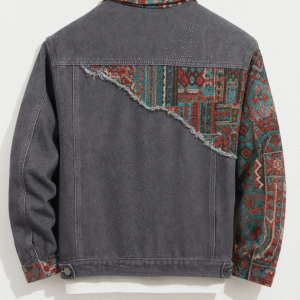 Rustic Patchwork Denim Jacket – Tribal Weave Panel
