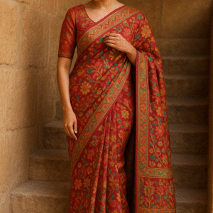 Traditional Handloom Floral Saree – Rust & Green